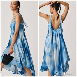 Anthropologie Blue Printed Parachute Midi Dress New Size Small Oversized